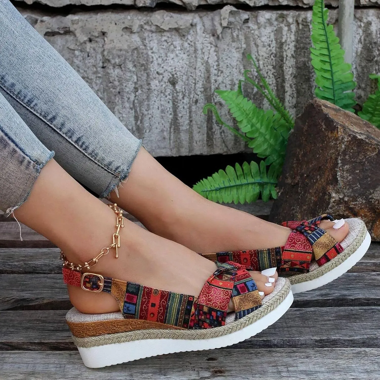 Women's Orthopedic Platform Wedge Sandals with Arch Support 2025 Summer Open Toe Backless Low Heel Fashion Espadrille Dressy Ankle Strap Sandals Slip on Beach Boho Casual Comfortable Outdoor Shoes
