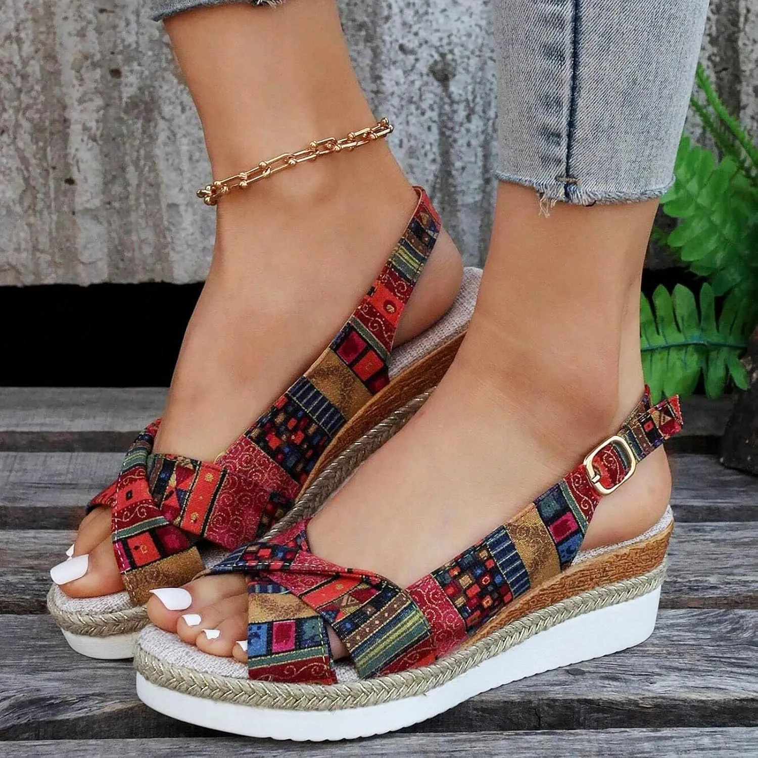 Women's Orthopedic Platform Wedge Sandals with Arch Support 2025 Summer Open Toe Backless Low Heel Fashion Espadrille Dressy Ankle Strap Sandals Slip on Beach Boho Casual Comfortable Outdoor Shoes