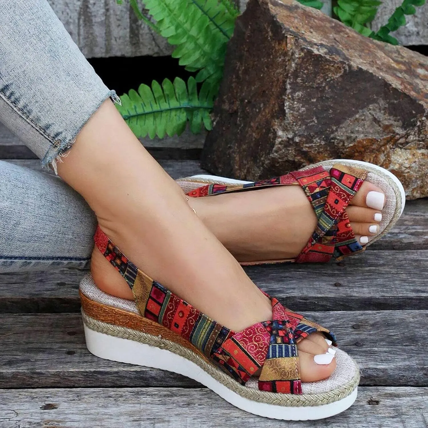 Women's Orthopedic Platform Wedge Sandals with Arch Support 2025 Summer Open Toe Backless Low Heel Fashion Espadrille Dressy Ankle Strap Sandals Slip on Beach Boho Casual Comfortable Outdoor Shoes