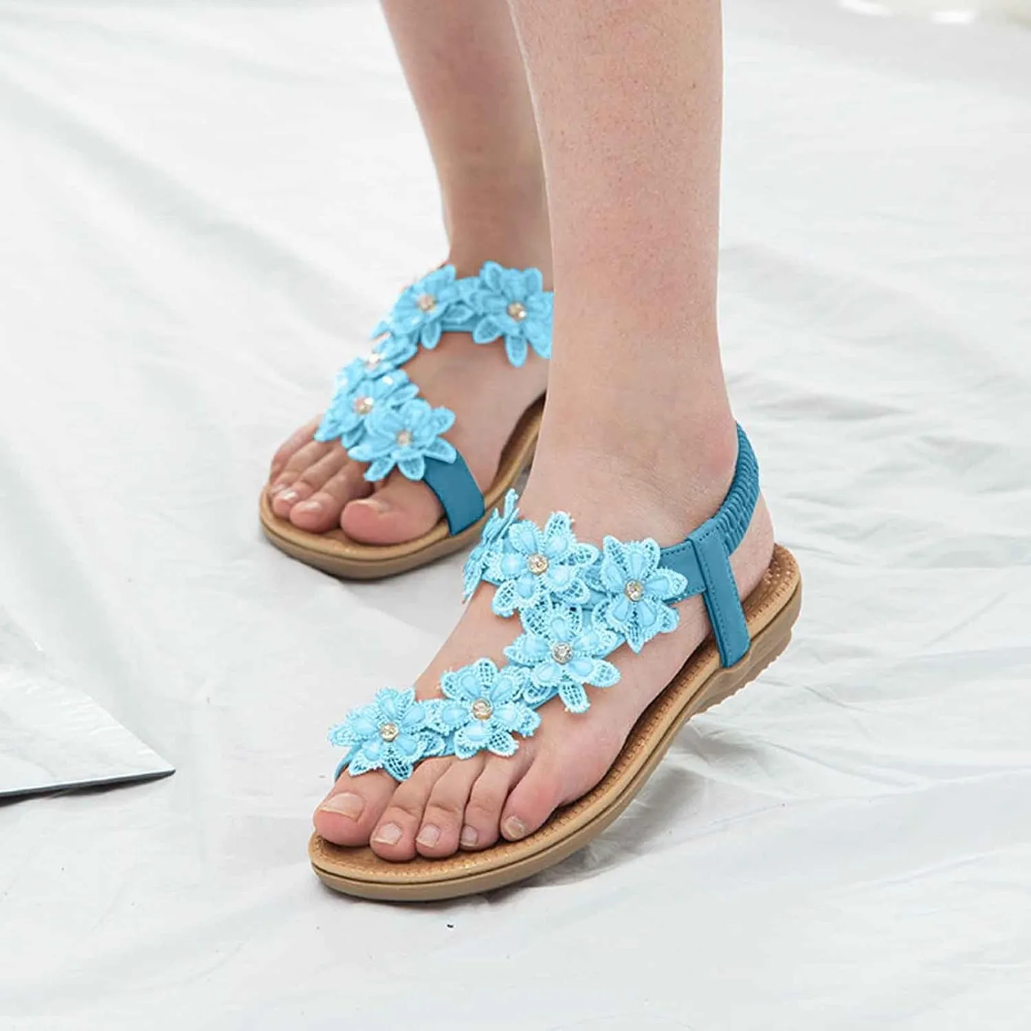 Womens Pearl Flower Sandals Flip Flops Summer Vacation Beach Sandals Elegant Clip Toe Ladies Sandal with Low Heel