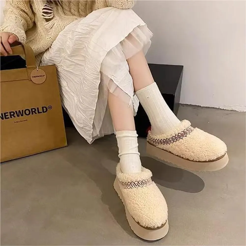 Women's Platform Mini Boots Slippers for Women Warm Fuzzy Slippers Fur Fleece Lined Slip on Suede Short Ankle Boots Outdoor Indoor Braid Slippers Anti Slip Trend