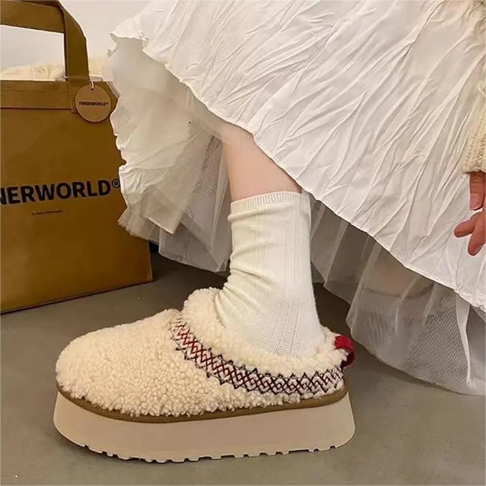 Women's Platform Mini Boots Slippers for Women Warm Fuzzy Slippers Fur Fleece Lined Slip on Suede Short Ankle Boots Outdoor Indoor Braid Slippers Anti Slip Trend