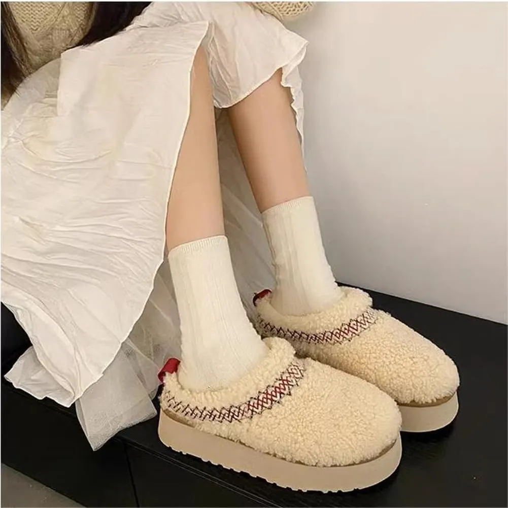 Women's Platform Mini Boots Slippers for Women Warm Fuzzy Slippers Fur Fleece Lined Slip on Suede Short Ankle Boots Outdoor Indoor Braid Slippers Anti Slip Trend