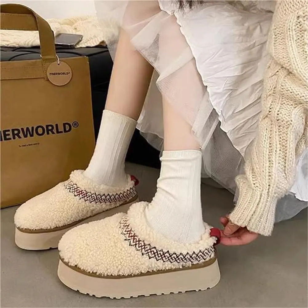 Women's Platform Mini Boots Slippers for Women Warm Fuzzy Slippers Fur Fleece Lined Slip on Suede Short Ankle Boots Outdoor Indoor Braid Slippers Anti Slip Trend