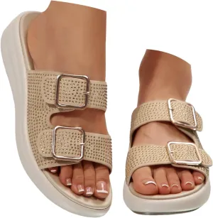 Womens Platform Sandals Comfortable Walking Orthopedic Slippers 2025 Summer Casual Rhinestone Platform Fashionable Espadrille Cork Footbed Slide Sandals Walking Beach Indoor Outdoor Soft Soled Slipper