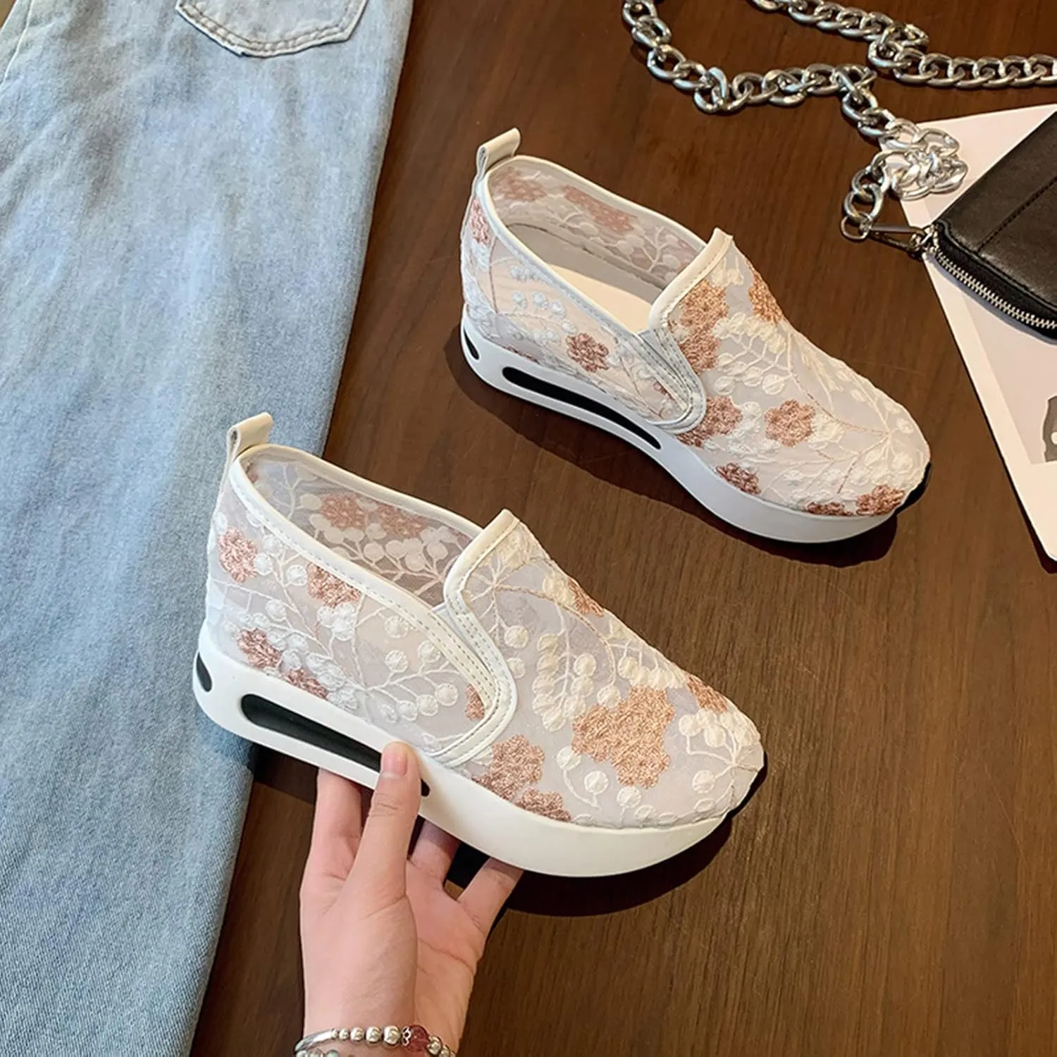 Women's Platform Sneakers Fashion Ladies Fashion Breathable Lace Mesh Flower Embroidery Round Head Thick Bottom Comfortable Sneakers for Women Walking All Day