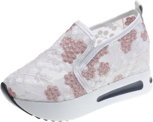 Women's Platform Sneakers Fashion Ladies Fashion Breathable Lace Mesh Flower Embroidery Round Head Thick Bottom Comfortable Sneakers for Women Walking All Day