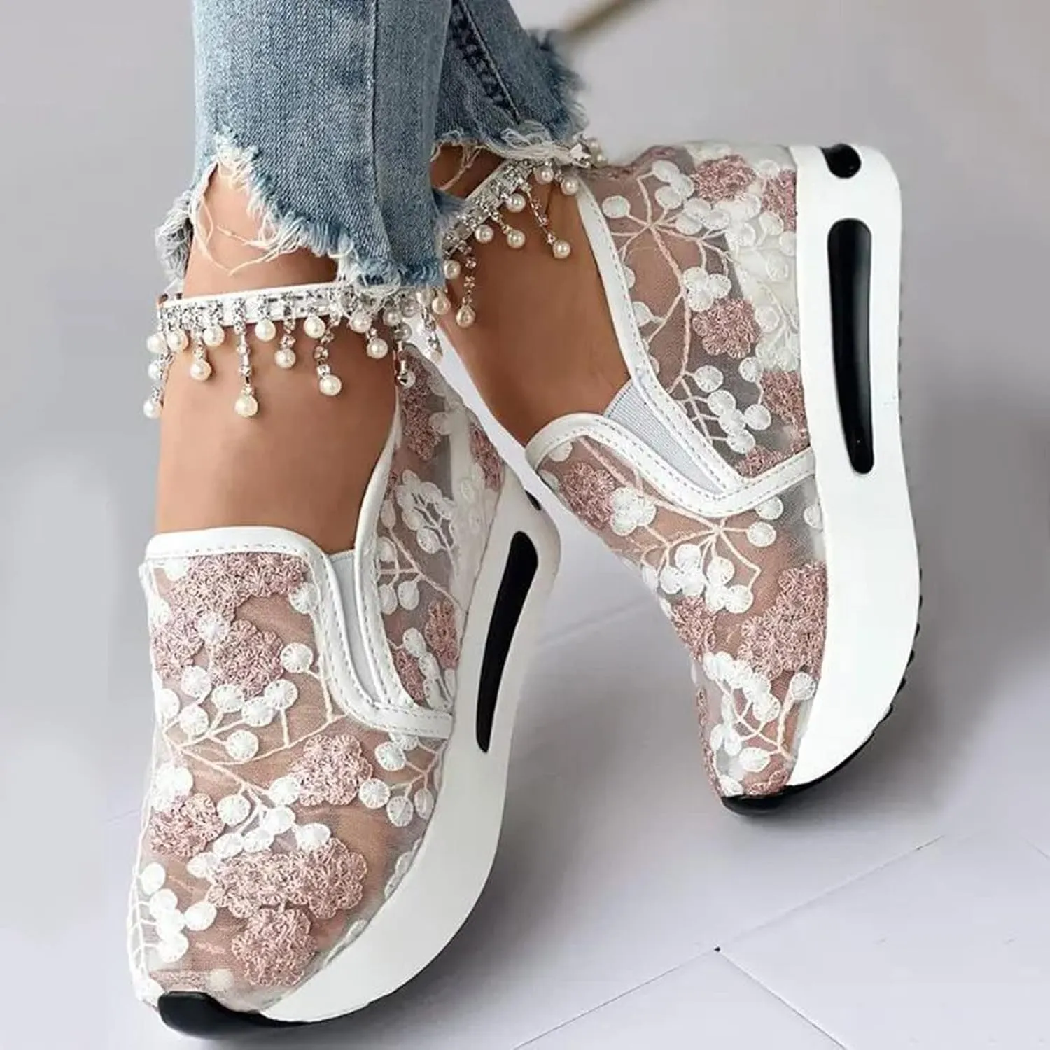 Women's Platform Sneakers Fashion Ladies Fashion Breathable Lace Mesh Flower Embroidery Round Head Thick Bottom Comfortable Sneakers for Women Walking All Day