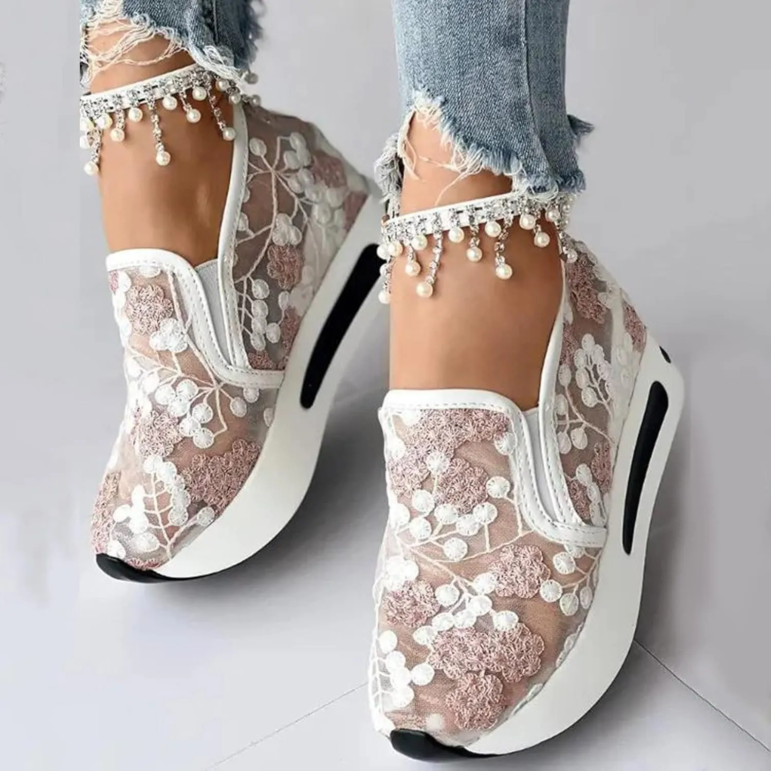 Women's Platform Sneakers Fashion Ladies Fashion Breathable Lace Mesh Flower Embroidery Round Head Thick Bottom Comfortable Sneakers for Women Walking All Day