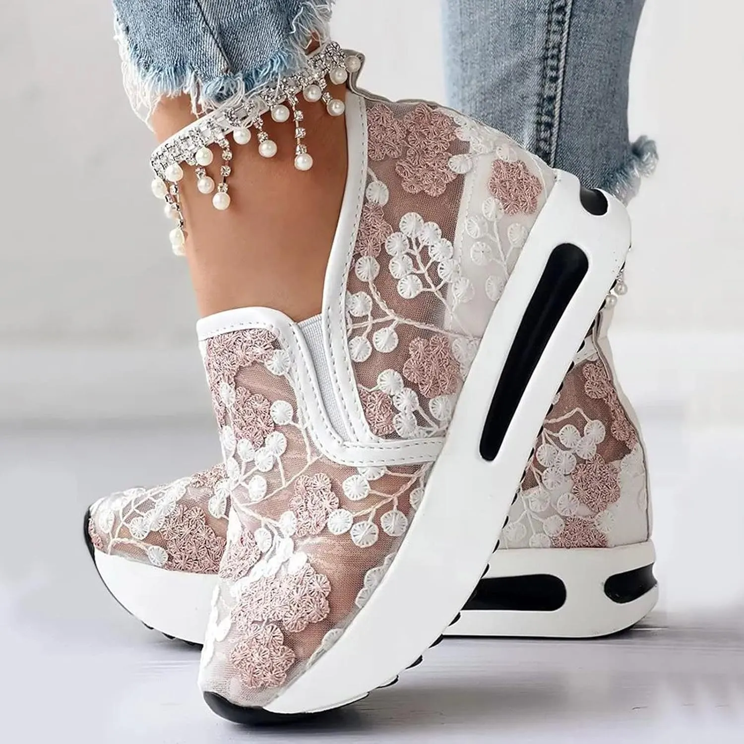 Women's Platform Sneakers Fashion Ladies Fashion Breathable Lace Mesh Flower Embroidery Round Head Thick Bottom Comfortable Sneakers for Women Walking All Day