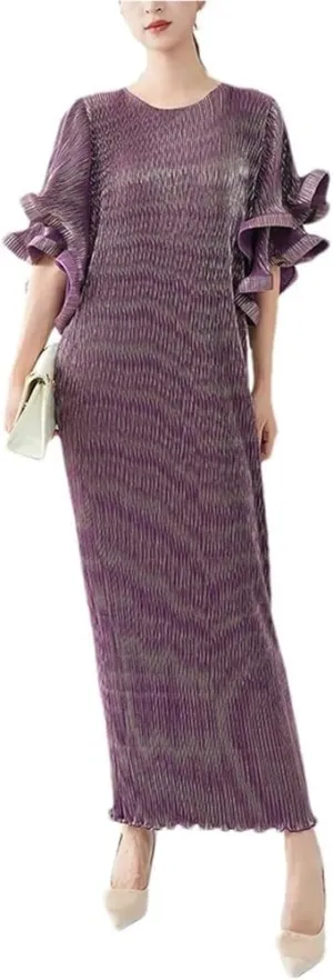 Women's Pleated Midi Dress High Waist Solid Color O-Neck Flare Sleeves Flowy Party Dress