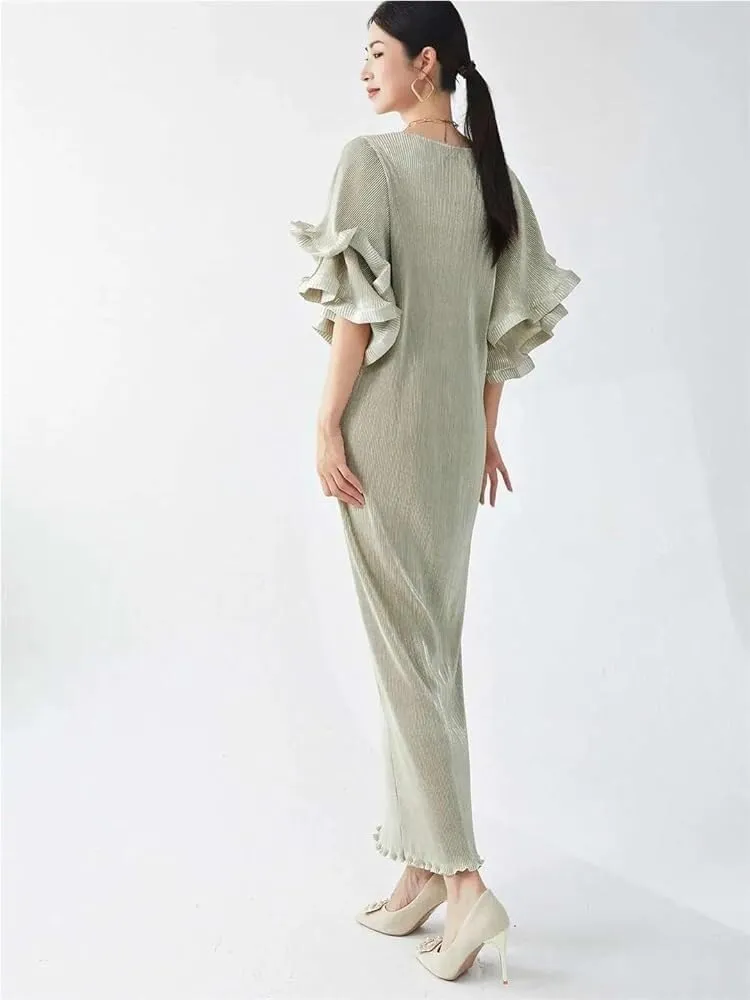 Women's Pleated Midi Dress High Waist Solid Color O-Neck Flare Sleeves Flowy Party Dress