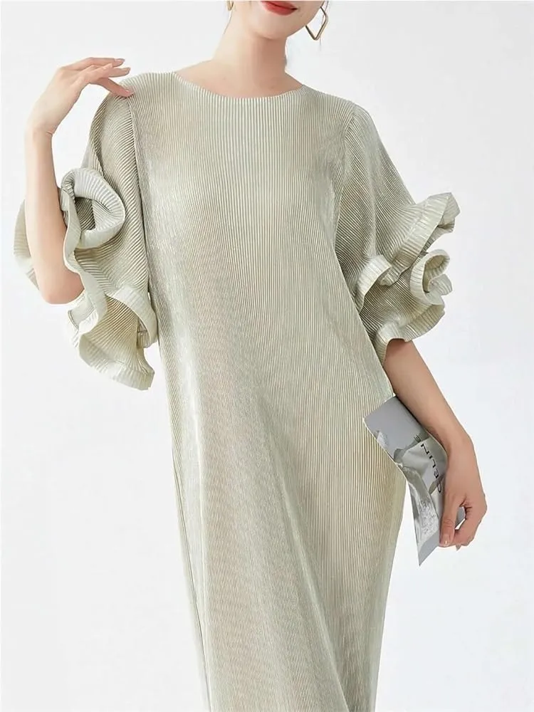 Women's Pleated Midi Dress High Waist Solid Color O-Neck Flare Sleeves Flowy Party Dress