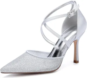 Womens Pumps for Bride Shoes Stiletto High Heels Closed Toe Pointed Toe Wedding Shoes Satin Sandals Ankle Strap Evening Dress,Silver,6