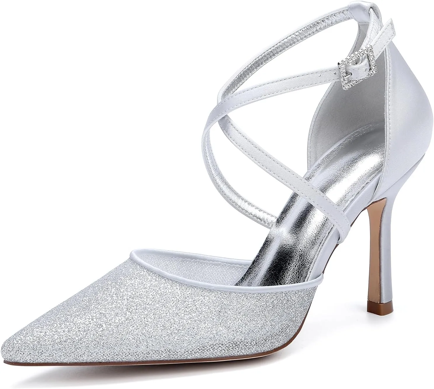 Womens Pumps for Bride Shoes Stiletto High Heels Closed Toe Pointed Toe Wedding Shoes Satin Sandals Ankle Strap Evening Dress,Silver,6