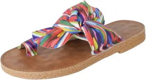 Women's Rainbow Bow Tie Flat Beach Sandals Open Toe Thong Summer Slides Strappy Casual Multicolored Striped Vacation Shoes
