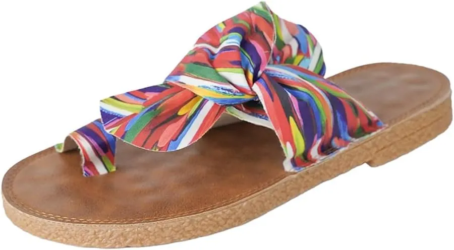 Women's Rainbow Bow Tie Flat Beach Sandals Open Toe Thong Summer Slides Strappy Casual Multicolored Striped Vacation Shoes