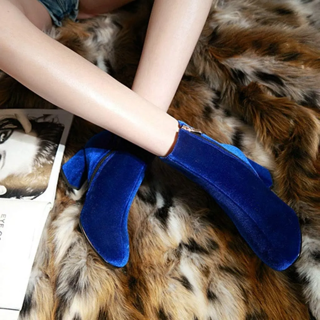 Women's Retro Dressy Ankle Boots Square Toe Zipper Velvet Lined Booties Chunky Mid Heel Short Boot