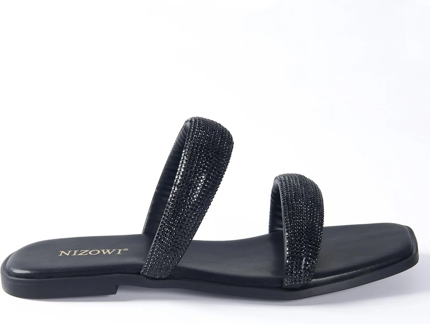 Women's Rhinestone Flat Sandals for Women Slip On Square Open Toe Slides Sandals Sparkly Cute Two Strap Flat Dressy Wedding Summer