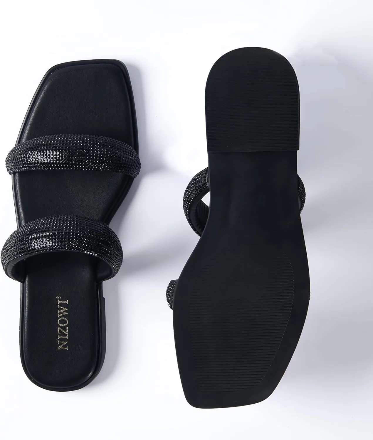 Women's Rhinestone Flat Sandals for Women Slip On Square Open Toe Slides Sandals Sparkly Cute Two Strap Flat Dressy Wedding Summer