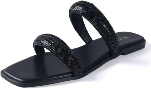 Women's Rhinestone Flat Sandals for Women Slip On Square Open Toe Slides Sandals Sparkly Cute Two Strap Flat Dressy Wedding Summer
