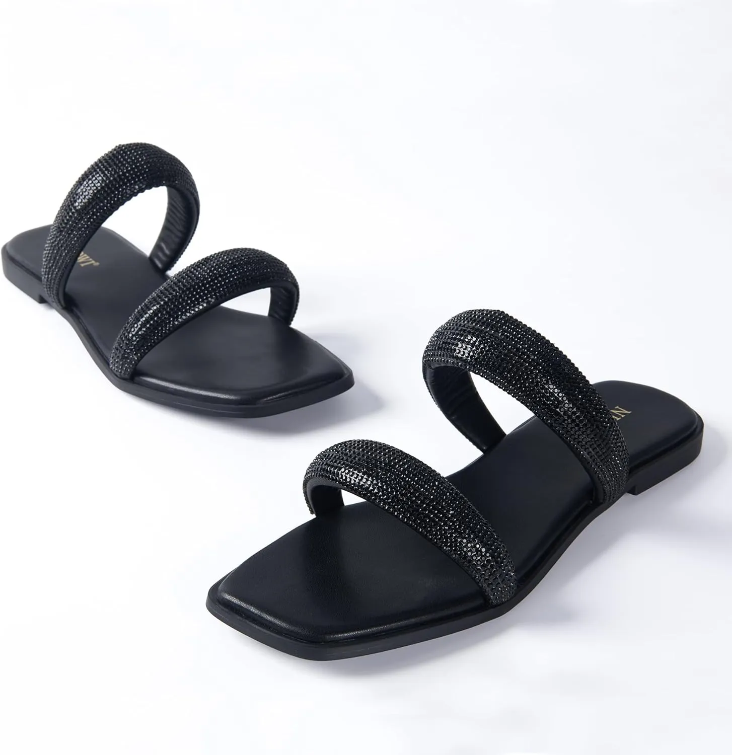 Women's Rhinestone Flat Sandals for Women Slip On Square Open Toe Slides Sandals Sparkly Cute Two Strap Flat Dressy Wedding Summer