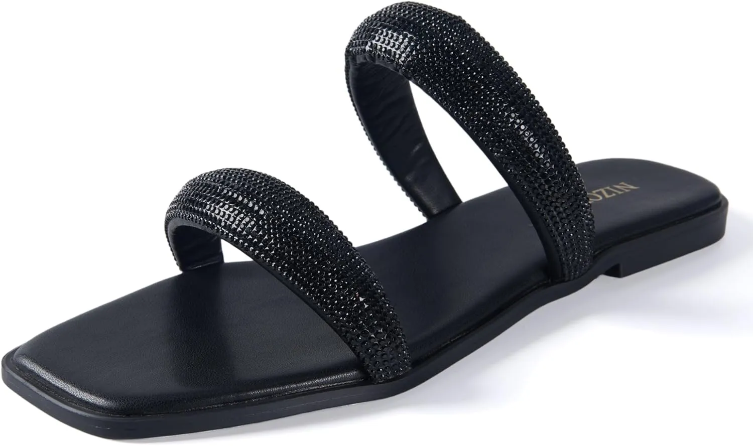 Women's Rhinestone Flat Sandals for Women Slip On Square Open Toe Slides Sandals Sparkly Cute Two Strap Flat Dressy Wedding Summer