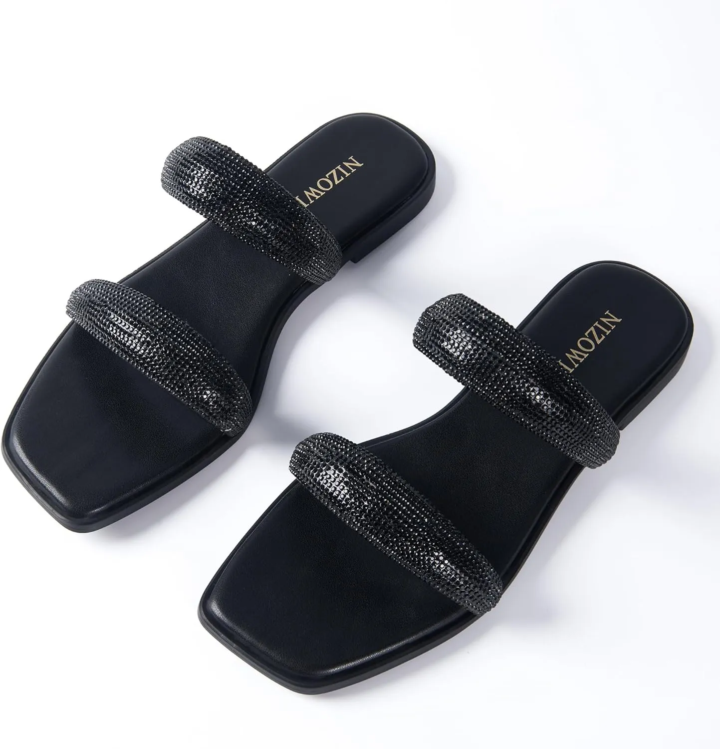 Women's Rhinestone Flat Sandals for Women Slip On Square Open Toe Slides Sandals Sparkly Cute Two Strap Flat Dressy Wedding Summer