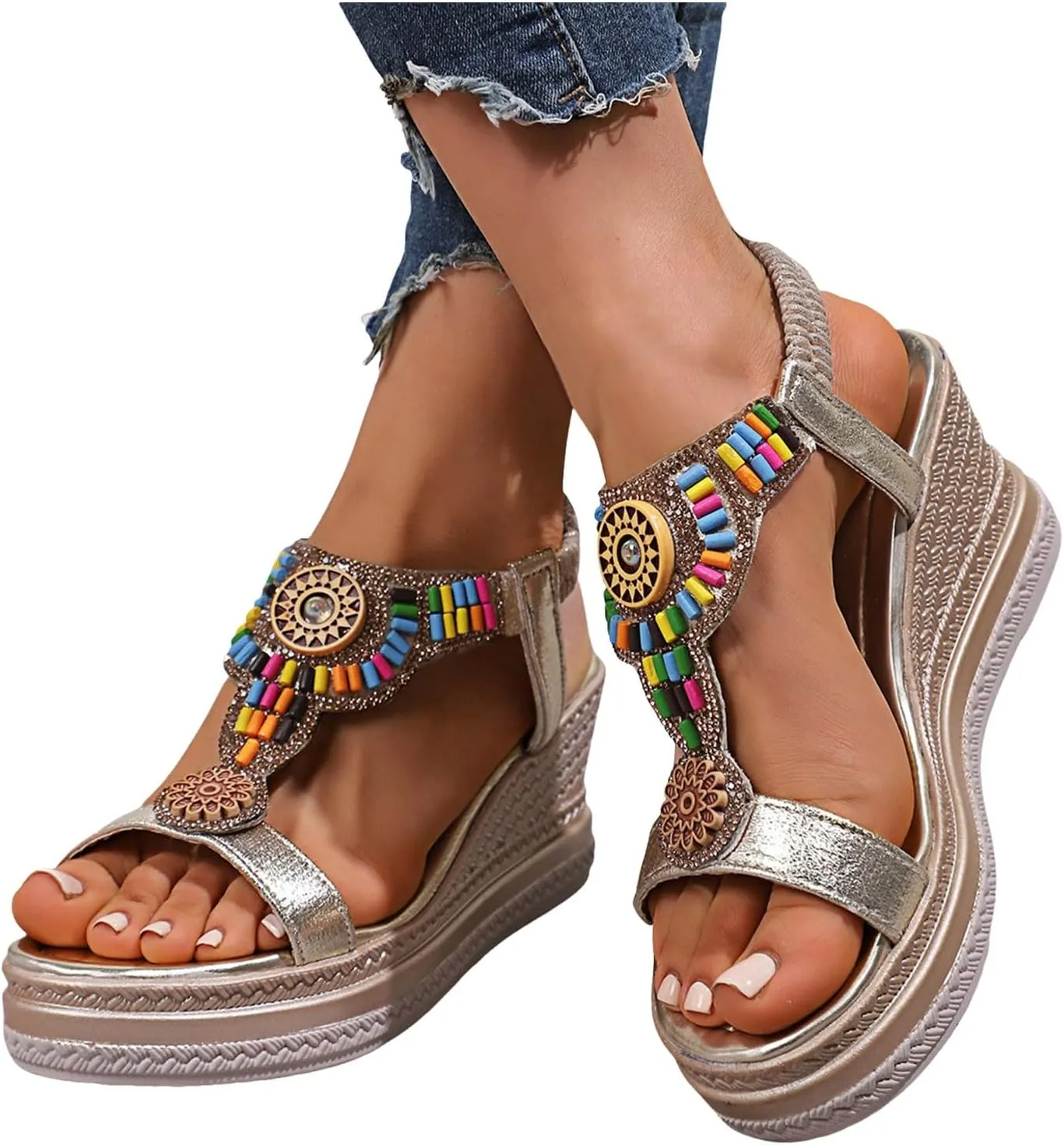 Women's Rhinestone Open Toe High Heel Platform Sandals 2025 Summer Open Toe Woven Comfortable Fashionable Elastic Ankle Strap Espadrilles Wedge Sandals Vintage Casual Beach Vacation Walking Shoes