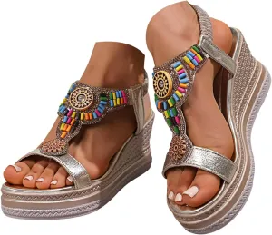 Women's Rhinestone Open Toe High Heel Platform Sandals 2025 Summer Open Toe Woven Comfortable Fashionable Elastic Ankle Strap Espadrilles Wedge Sandals Vintage Casual Beach Vacation Walking Shoes