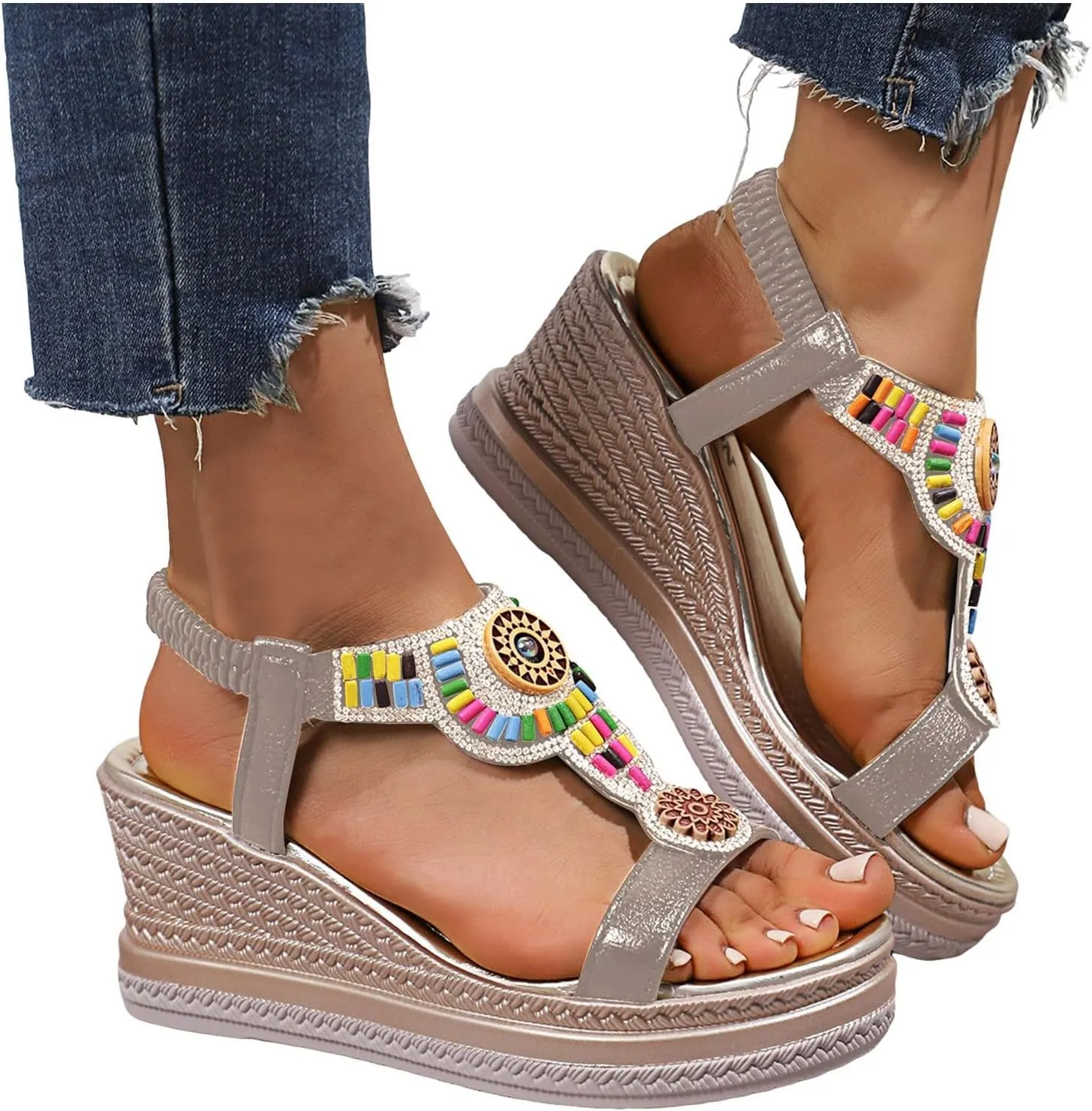 Women's Rhinestone Open Toe High Heel Platform Sandals 2025 Summer Open Toe Woven Comfortable Fashionable Elastic Ankle Strap Espadrilles Wedge Sandals Vintage Casual Beach Vacation Walking Shoes