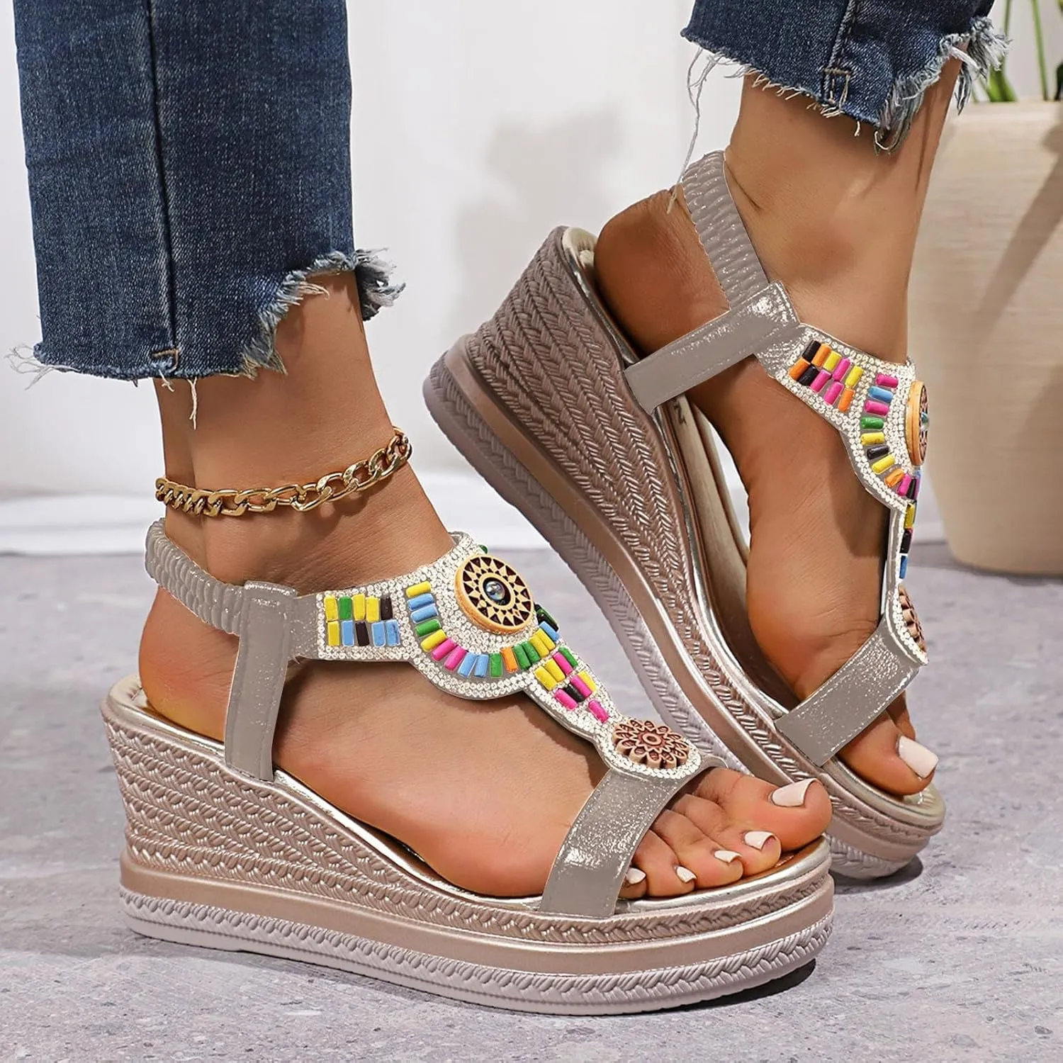 Women's Rhinestone Open Toe High Heel Platform Sandals 2025 Summer Open Toe Woven Comfortable Fashionable Elastic Ankle Strap Espadrilles Wedge Sandals Vintage Casual Beach Vacation Walking Shoes