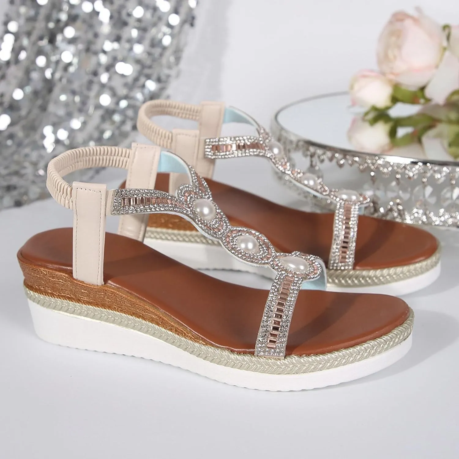 Women's Rhinestone Open Toe High Heel Summer Platform Sandals Comfortable Open Toe T-Strap Beaded Rhinestone Bohemia Slip On Dressy Sandals Elastic Ankle Strap Beach Walking Shoes