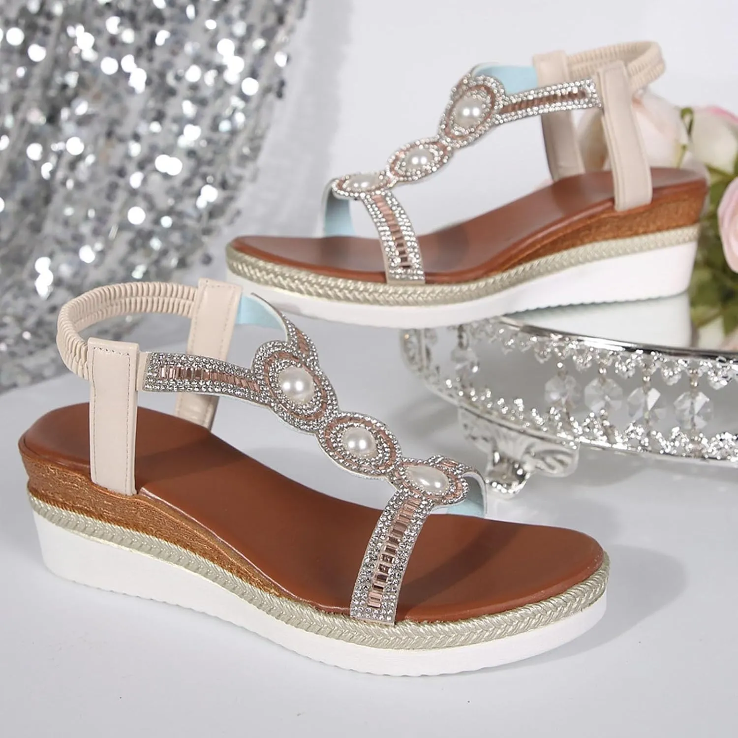 Women's Rhinestone Open Toe High Heel Summer Platform Sandals Comfortable Open Toe T-Strap Beaded Rhinestone Bohemia Slip On Dressy Sandals Elastic Ankle Strap Beach Walking Shoes