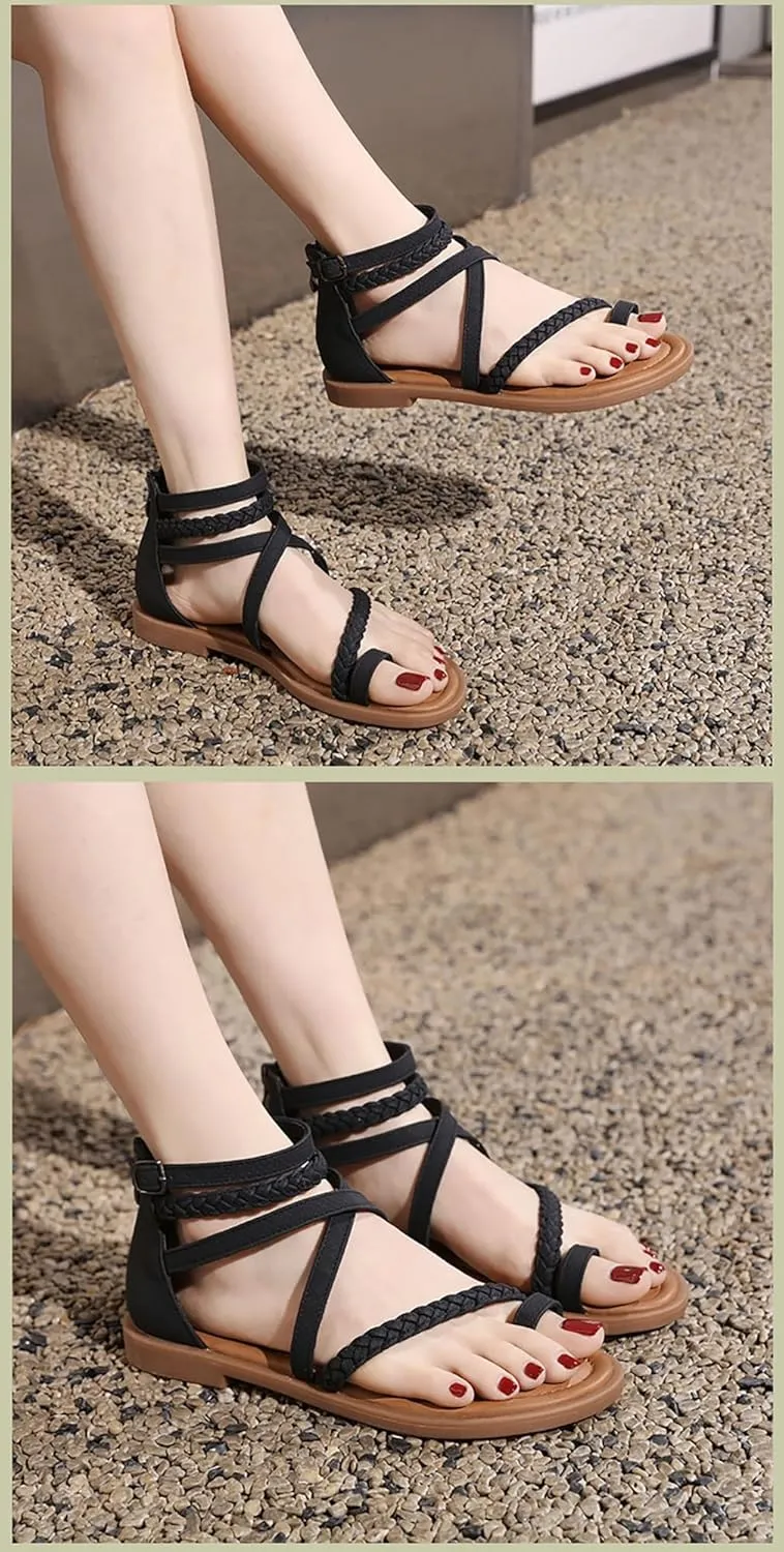 Women'S Roman Flat Sandals Comfortable Open Toe Gladiator Sandals Convenient Back Zip Sandals