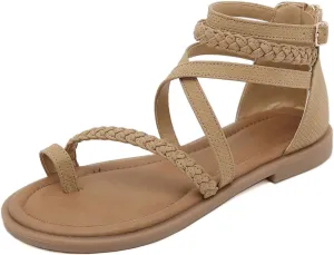 Women'S Roman Flat Sandals Comfortable Open Toe Gladiator Sandals Convenient Back Zip Sandals