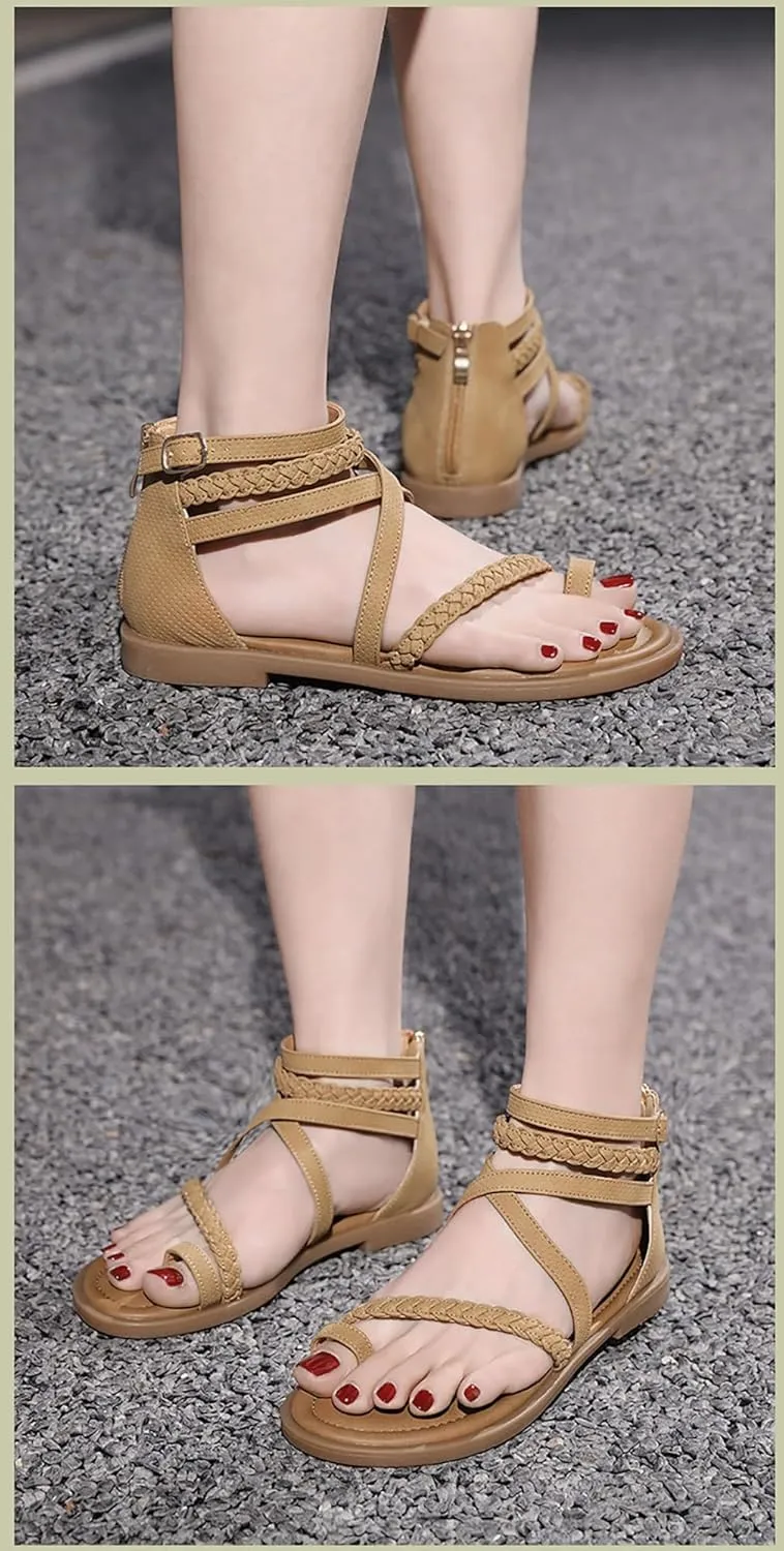 Women'S Roman Flat Sandals Comfortable Open Toe Gladiator Sandals Convenient Back Zip Sandals