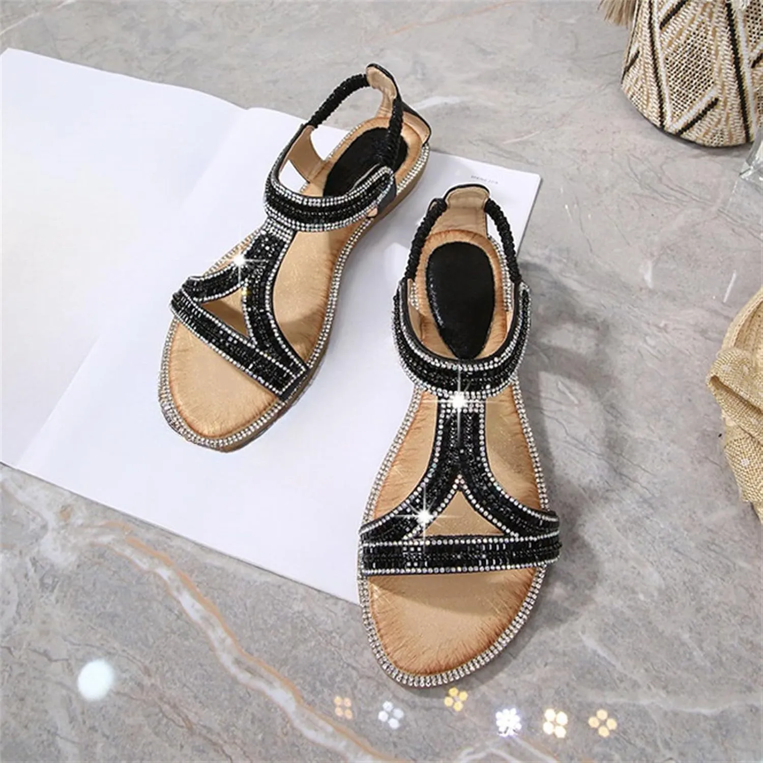 Women's Sanddal Glitter Sequins T-strap Flat Sandals Boho Open Toe Elastic Slingback Summer Beach Casual Shoes