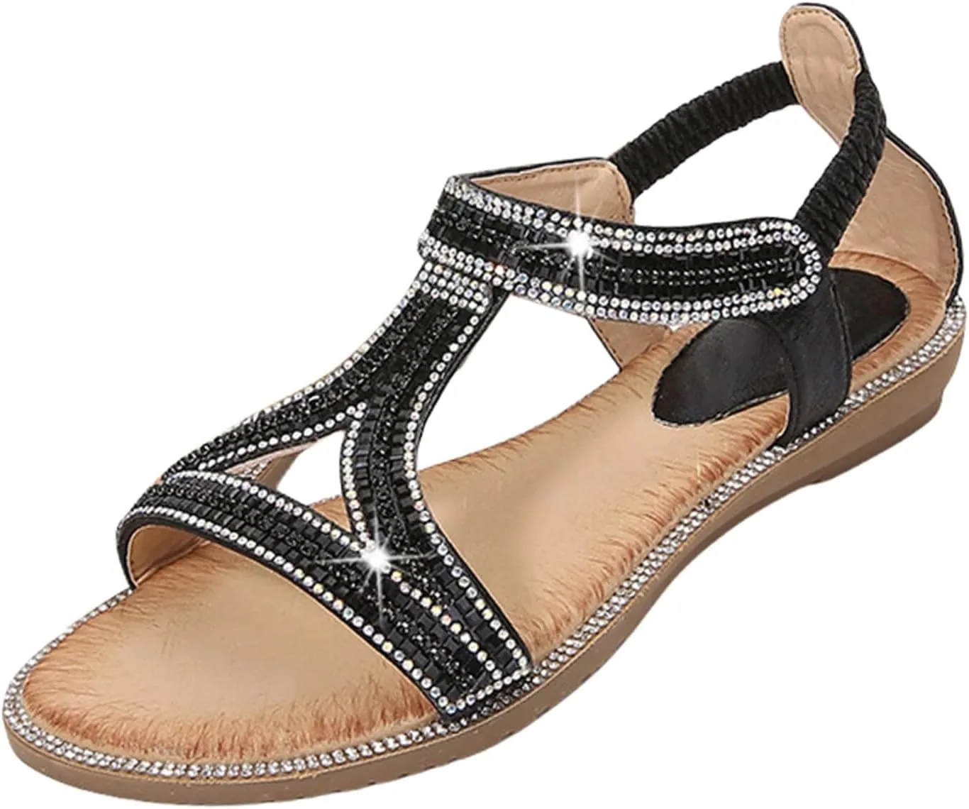 Women's Sanddal Glitter Sequins T-strap Flat Sandals Boho Open Toe Elastic Slingback Summer Beach Casual Shoes