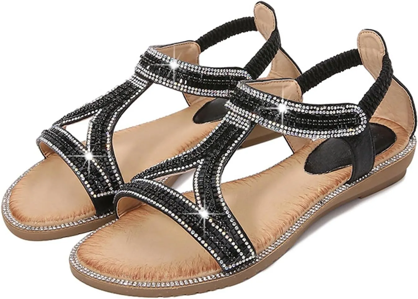 Women's Sanddal Glitter Sequins T-strap Flat Sandals Boho Open Toe Elastic Slingback Summer Beach Casual Shoes