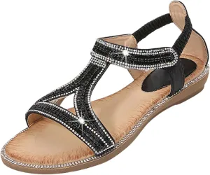 Women's Sanddal Glitter Sequins T-strap Flat Sandals Boho Open Toe Elastic Slingback Summer Beach Casual Shoes