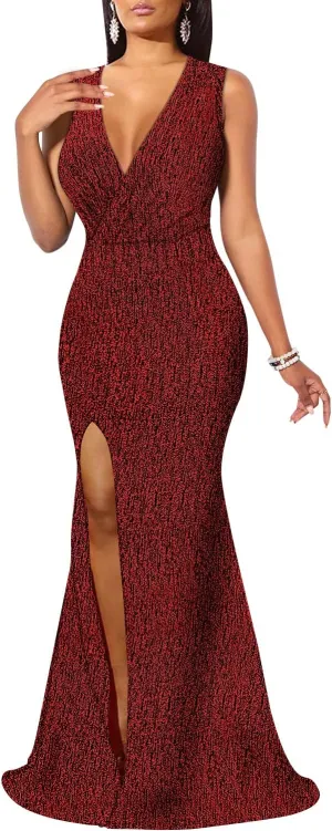 Women's Sexy Long Sleeve Sparkly Maxi Dress V Neck High Slit Wrap Formal Gown Cocktail Glitter Maxi Long Dresses