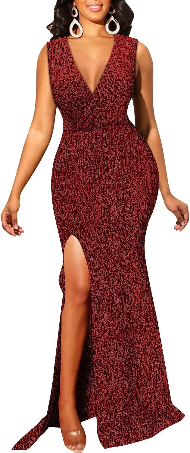 Women's Sexy Long Sleeve Sparkly Maxi Dress V Neck High Slit Wrap Formal Gown Cocktail Glitter Maxi Long Dresses