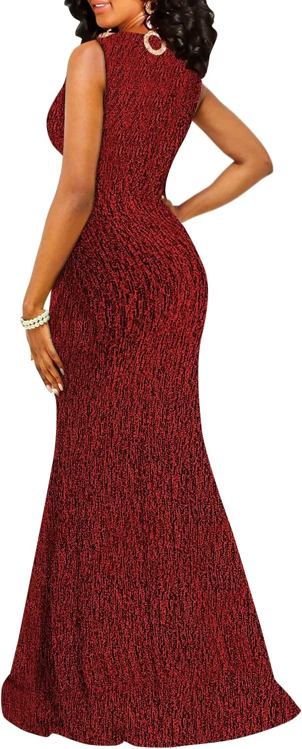 Women's Sexy Long Sleeve Sparkly Maxi Dress V Neck High Slit Wrap Formal Gown Cocktail Glitter Maxi Long Dresses