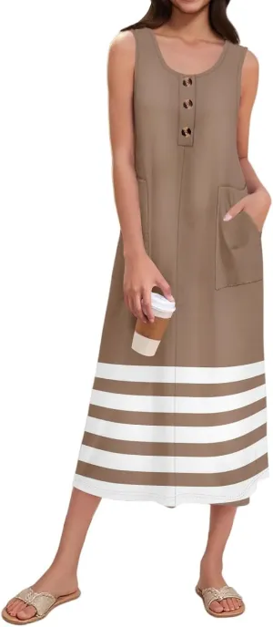 Women's Sleeveless Summer Maxi Dress with Pockets Casual Loose Fit Boho Floral Print Long Sundress for Beach