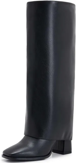 Women's Slim Calf Knee High Boots – Square Toe Block Heel Dress Boots, Side Zip Faux Leather Tall Boots for Narrow Calves, Fall & Winter Fashion