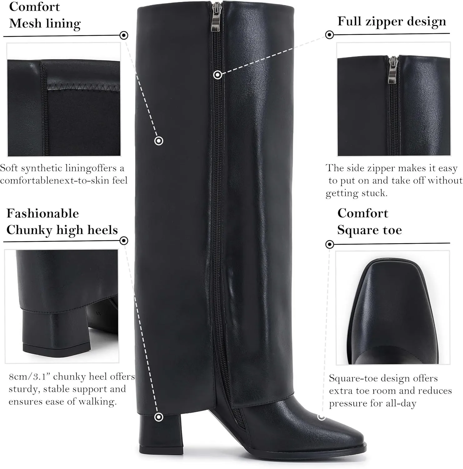 Women's Slim Calf Knee High Boots – Square Toe Block Heel Dress Boots, Side Zip Faux Leather Tall Boots for Narrow Calves, Fall & Winter Fashion