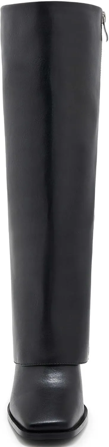 Women's Slim Calf Knee High Boots – Square Toe Block Heel Dress Boots, Side Zip Faux Leather Tall Boots for Narrow Calves, Fall & Winter Fashion