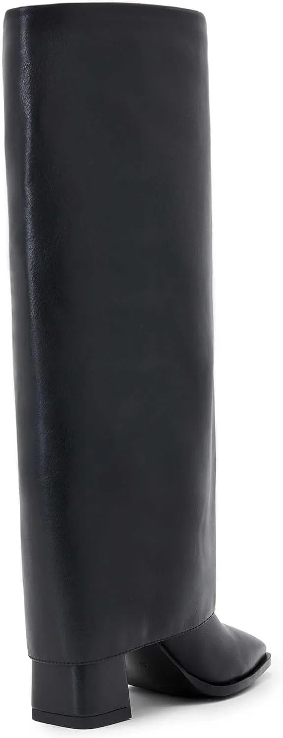 Women's Slim Calf Knee High Boots – Square Toe Block Heel Dress Boots, Side Zip Faux Leather Tall Boots for Narrow Calves, Fall & Winter Fashion
