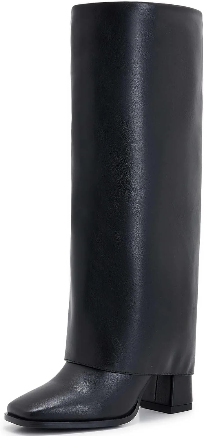 Women's Slim Calf Knee High Boots – Square Toe Block Heel Dress Boots, Side Zip Faux Leather Tall Boots for Narrow Calves, Fall & Winter Fashion
